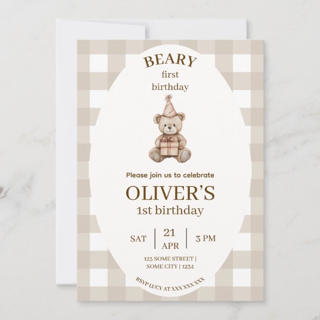 Beary Erste Geburtstagseinladung Gingham Editierba Einladung (Vorderseite)