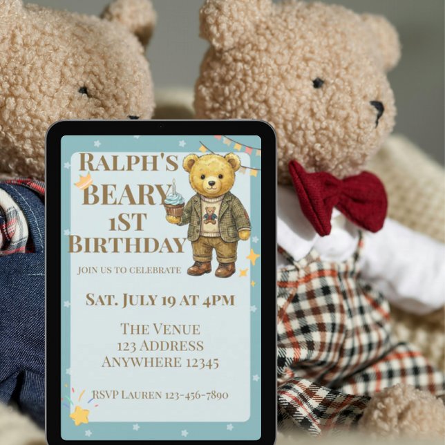 Beary erster Geburtstag Blau Braun schicker Bär Einladung (Von Creator hochgeladen)