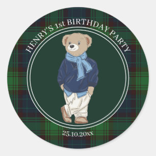 Beary erster Teddybär grün kariert Geburtstagsgesc Runder Aufkleber