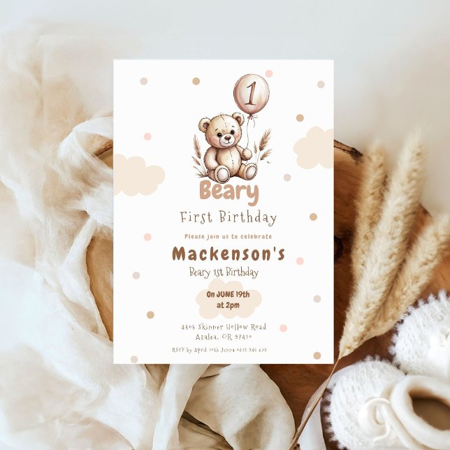Beary First Ballon Junge 1. Geburtstag Teddybär Einladung (Von Creator hochgeladen)