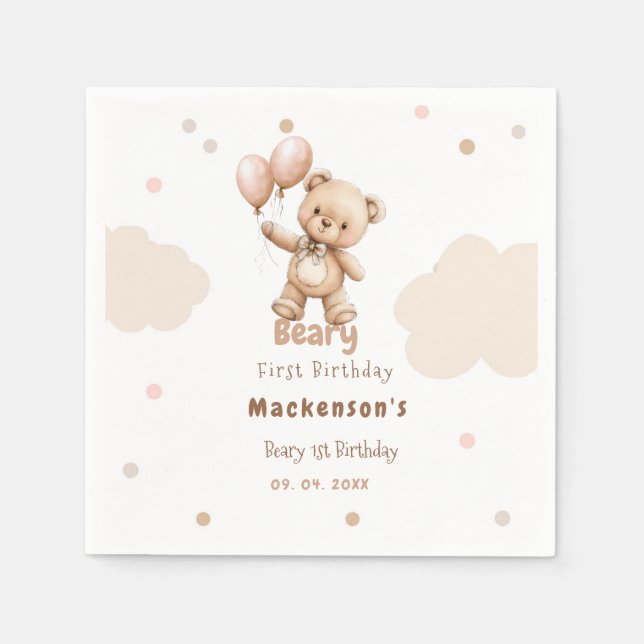Beary First Ballon Junge 1. Geburtstag Teddybär Serviette (Vorderseite)