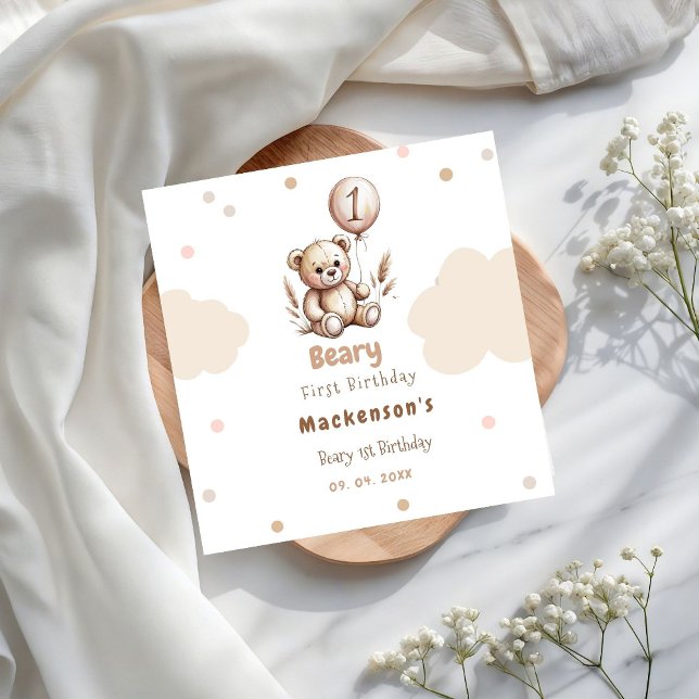 Beary First Balloon Boy 1st Birthday Teddy Bear Serviette (Von Creator hochgeladen)