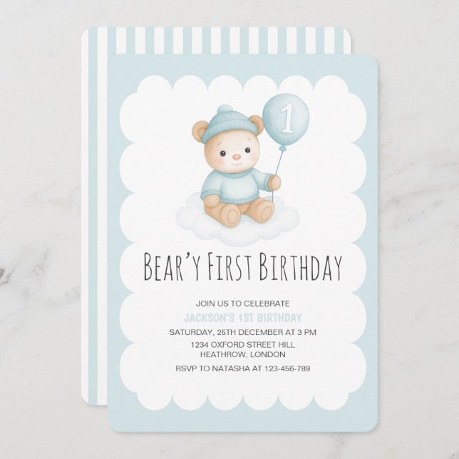 Beary First Birthday Blue Teddy Bear Einladung (Vorne/Hinten)