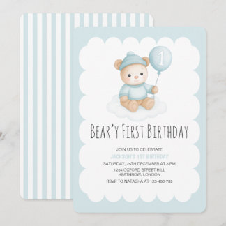 Beary First Birthday Blue Teddy Bear Einladung