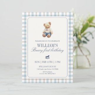 Beary First Birthday Boy Teddy Bear Gingham Einladung