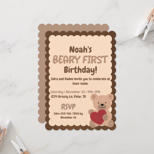 Beary First Birthday Einladung (Vorderseite/Rückseite Beispiel)