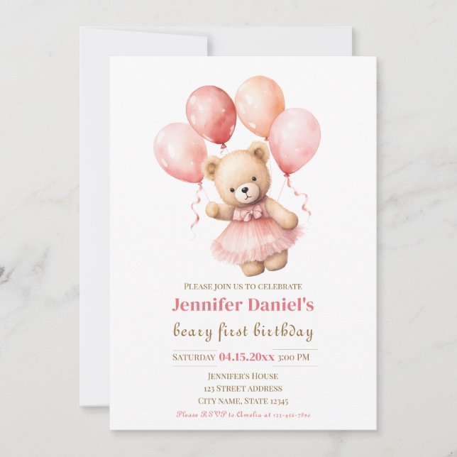 Beary First Birthday Einladung mit rosa Ballons (Vorderseite)