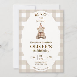 Beary First Birthday Invitation Gingham Editable Einladung