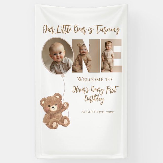 Beary First Birthday Little Bear Foto Banner (Vertikal)
