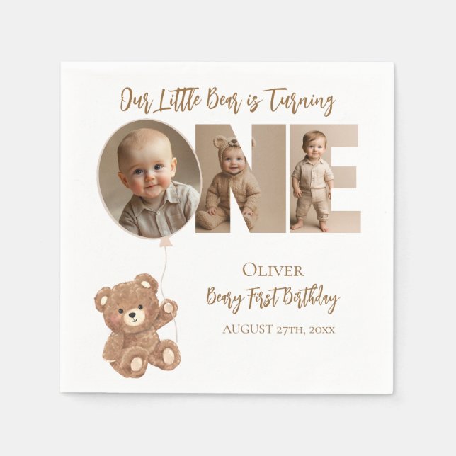 Beary First Birthday Little Bear Foto Serviette (Vorderseite)