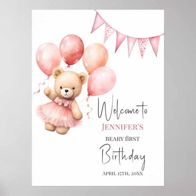 Beary First Birthday Poster Rosa Ballon  (Vorne)