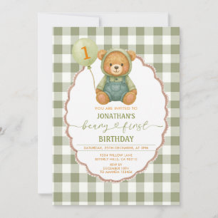 Beary First Birthday Pumpkin Sage Green Gingham Einladung