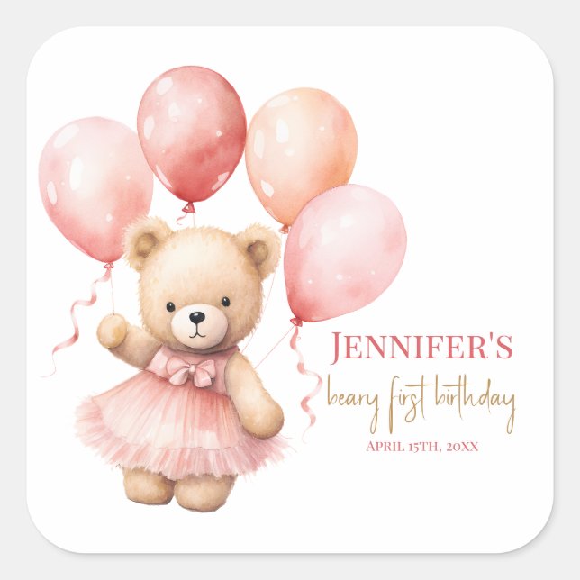 Beary First Birthday Square Favor Labels Princes Quadratischer Aufkleber (Vorderseite)