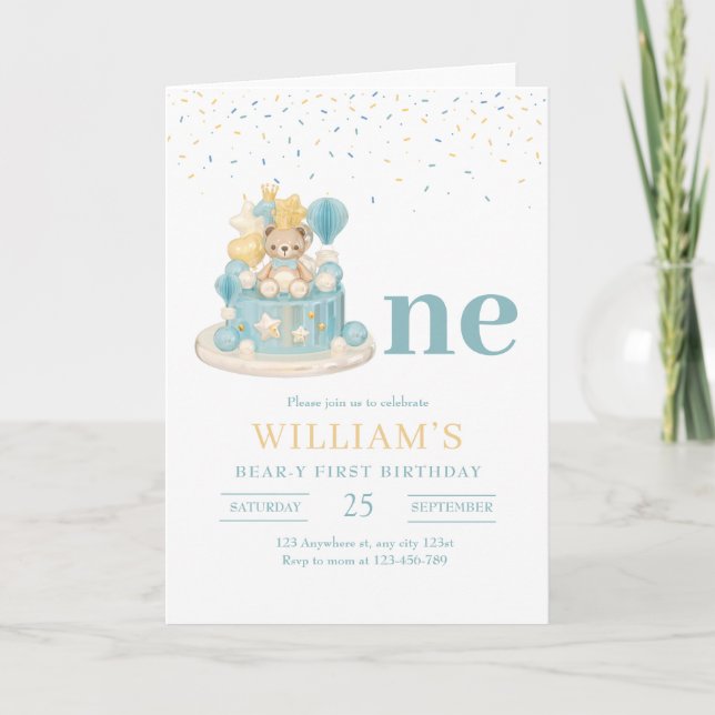 Beary First Birthday, Teddy Bear 1. Geburtstag Einladung (Vorderseite)