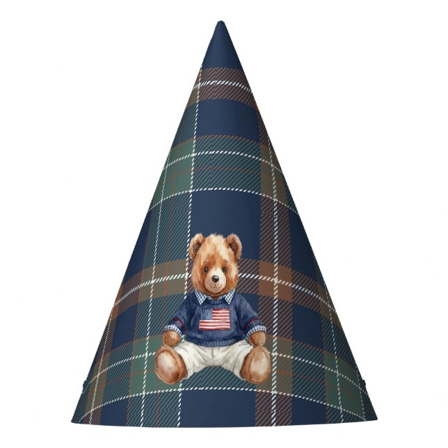 Beary First Navy Plaid Teddy Bear Birthday Party H Partyhütchen (Vorderseite)