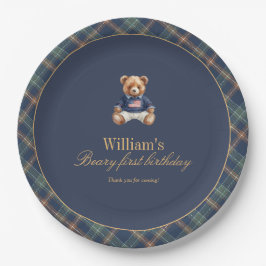 Beary First Navy Plaid Teddy Bear Boy Birthday  Pappteller