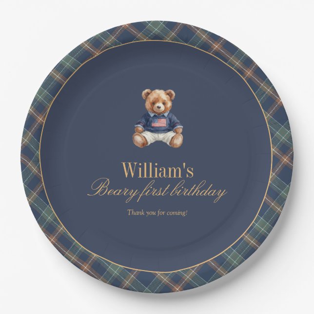 Beary First Navy Plaid Teddy Bear Boy Birthday  Pappteller (Vorderseite)