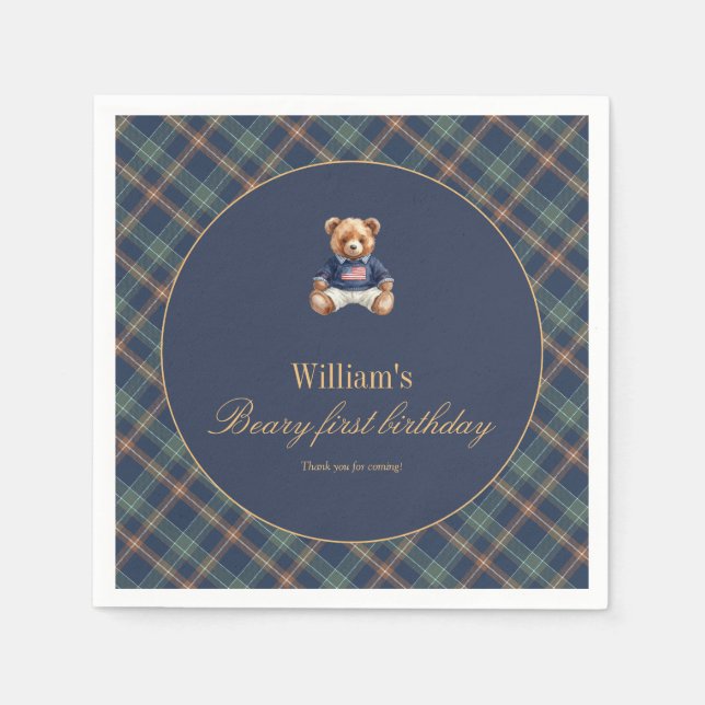 Beary First Navy Plaid Teddy Bear Boy Birthday  Serviette (Vorderseite)