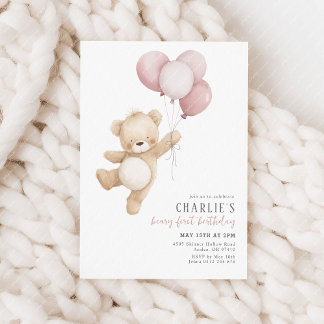 Beary First Pink Balloon Girls 1st Birthday Teddy Einladung