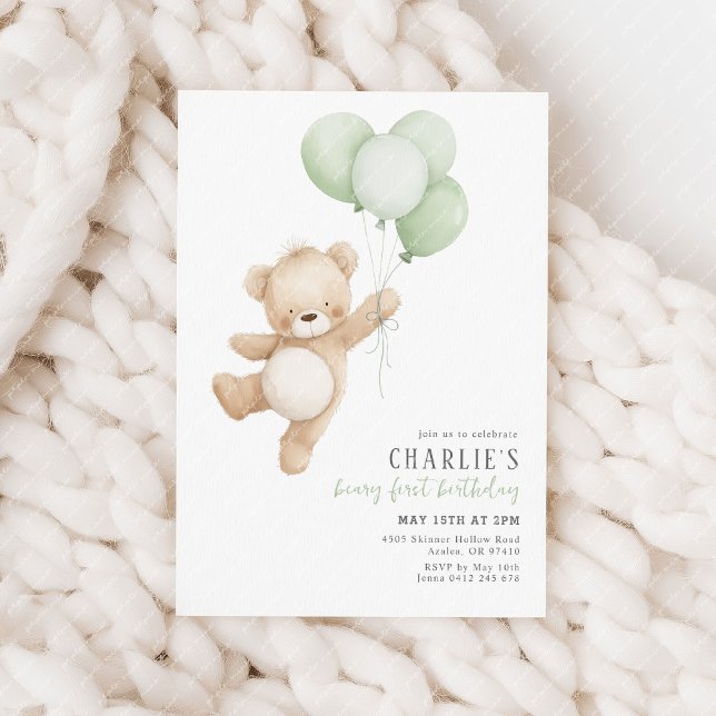 Beary First Sage Balloon Boy 1st Birthday Teddy Einladung (Beary 1st birthday invitation | Sage green balloons and teddy bear.)