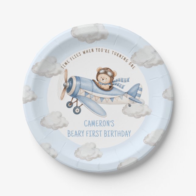 Beary First Teddy Bär Flugzeug Geburtstag Pappteller (Vorderseite)