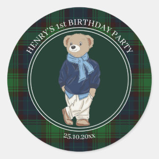 Beary first teddy bear green plaid birthday favor runder aufkleber