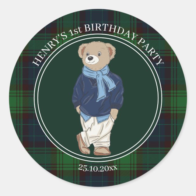 Beary first teddy bear green plaid birthday favor runder aufkleber (Vorderseite)