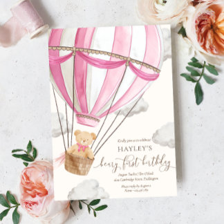 Beary First Teddy Bear Hot Air Ballon Birthday Einladung