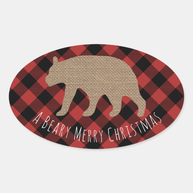 Beary Frohe Weihnachten Kariert Burlap Bär Ovaler Aufkleber (Vorderseite)