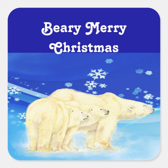 Beary Frohe Weihnachts-Polar-Bären anpassen Quadratischer Aufkleber (Vorderseite)