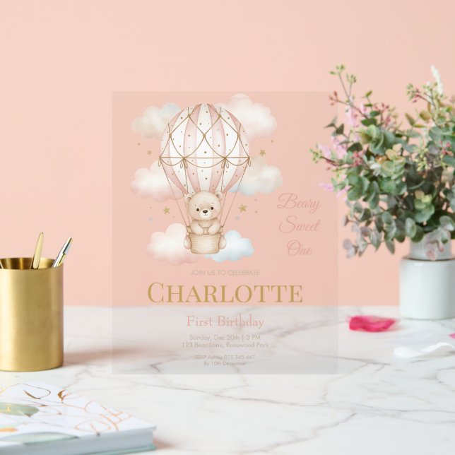 Beary  Hot Air Balloon 1st Birthday Invitation Acrylschild (Hochzeit)