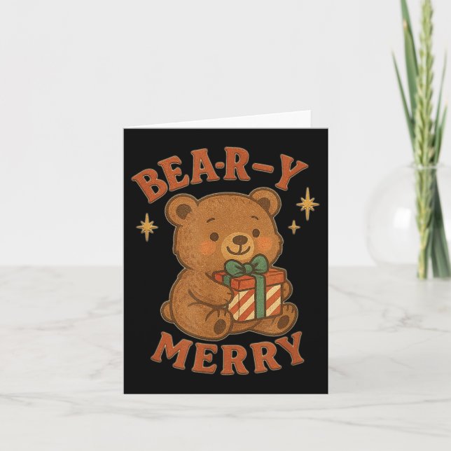 Beary Merry Cute Retro Christmas Bear Gift Box Vin Karte (Vorderseite)