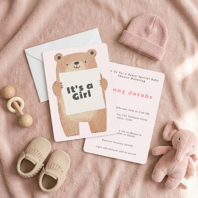 Beary Niedlich Es ist ein Mädchenduschbär Einladung (Beary Cute It’s a girl Baby Shower bear Invitation)