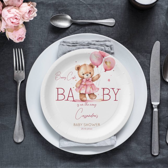 Beary niedlich Girl Teddy Bär Baby Duschgeschirr Pappteller (Beary cute teddy bear girl baby shower tableware personalized plates cute teddy with a pink dress)
