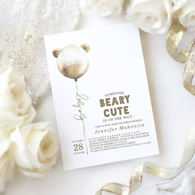 Beary Niedlich Gold Ballon Teddy Bear Baby Dusche Einladung (Bear Baby Shower Invitation)