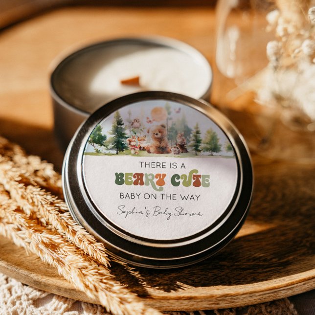Beary Niedlich Woodland Babydusche Runder Aufkleber (Beary Cute Woodland Baby Shower)