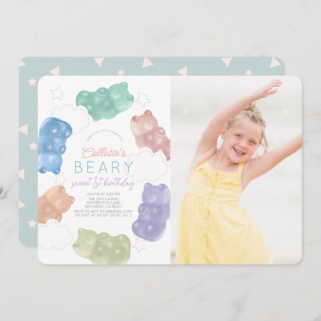 Beary Sweet Gummy Bear Girl Foto Geburtstag Einladung (Vorne/Hinten)