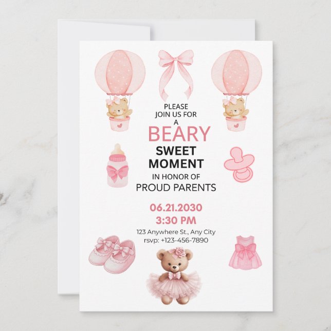 BEARY SWEET MOMENT GIRL 5X7 FLAT BABY SHOWER  EINLADUNG (Vorderseite)
