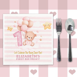 Beary Sweet One Birthday | Pink Boho Bear Girl Serviette