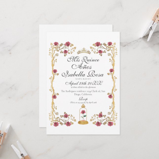 Beast & the Beauty Mis Quince Años Einladung (Vorderseite/Rückseite Beispiel)