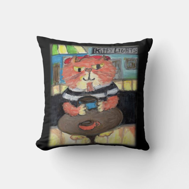 Beat Poet Folk Art Cat Fun 50er Jahre Gemälde Kissen (Vorderseite)