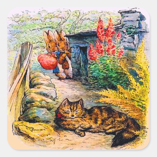 Beatrix Potter - Bunnies sieht sich die Katze an Quadratischer Aufkleber (Vorderseite)