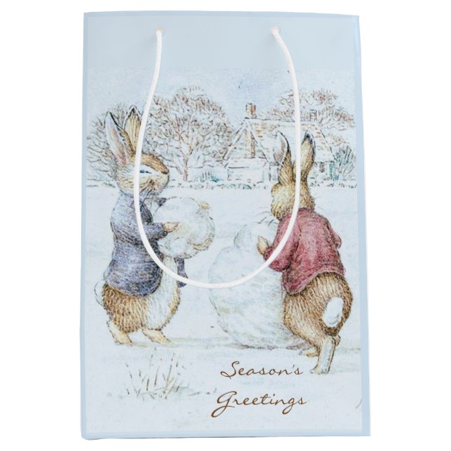 Beatrix Potter Snowman und Bunnies Holiday Mittlere Geschenktüte (Vorderseite)