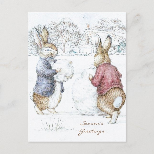 Beatrix Potter Snowman und Bunnies Holiday Postkarte (Vorderseite)