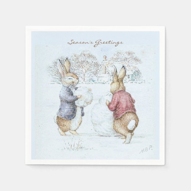 Beatrix Potter Snowman und Bunnies Holiday Serviette (Vorderseite)