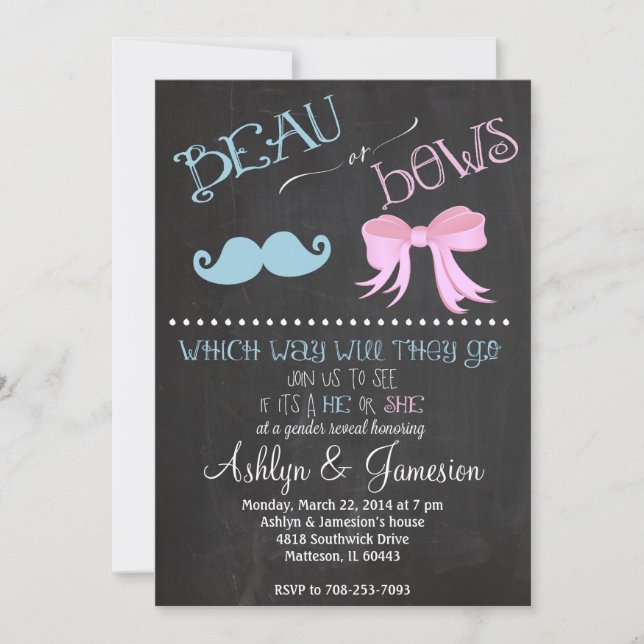 Beau Mustach Bows Gender Reveal Party Einladung (Vorderseite)