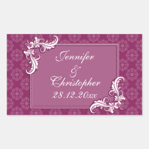 Beaujolais-Damask und Blumenrahmen-Hochzeit Rechteckiger Aufkleber