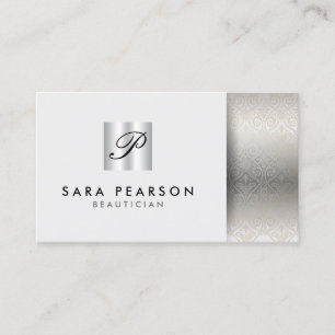 Beautician Elegant Silver Monogram Damask Visitenkarte