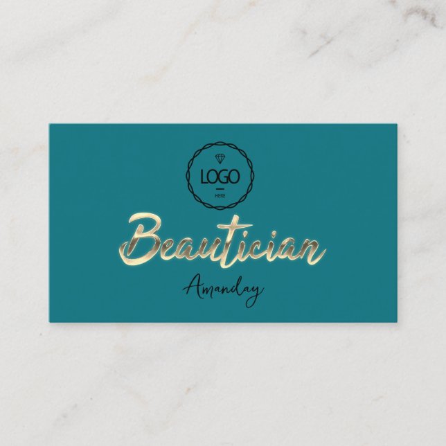 Beautician Script Gold QRCode Logo Aquamarin Visitenkarte (Vorderseite)