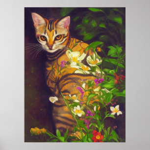 Beautiful Abyssinian Cat in a Midnight Garden Poster
